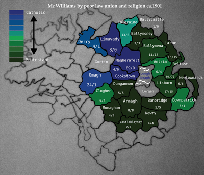 Map of McWilliams in Ulster by Poor Law Union & Religion, 1901